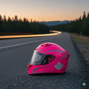 A bright neon pink and reflective motorcycle helmet for women to improve rider safety on Canadian highways.