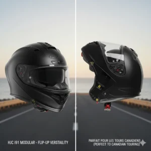 HJC i91 modular motorcycle helmet showing versatile flip-up chin bar design, a popular choice for touring across Canada.