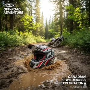 HJC adventure-style off-road helmet designed for dual-sport riding and dirt bike trails in the Canadian wilderness.