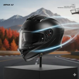 HJC RPHA 12 full-face motorcycle helmet in matte black, highlighting aerodynamic racing features for Canadian track and street riders.