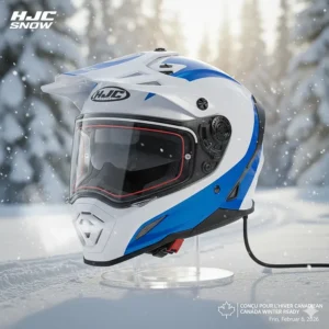 HJC snowmobile helmet equipped with a dual-lens electric shield to prevent fogging during Canadian winter riding.