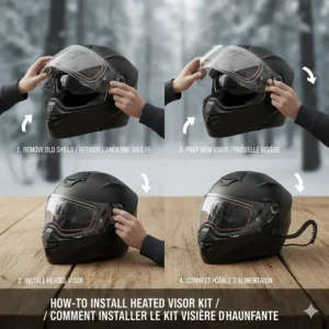 Step-by-step diagram showing the installation of a heated shield upgrade kit on a standard modular helmet.