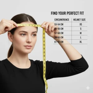 Illustration showing how to measure head circumference for a proper women's motorcycle helmet fit.