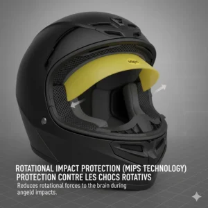 Technical diagram of a motorcycle helmet interior showing MIPS technology for rotational impact protection.