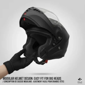 Alt text for image 6: A modular-style motorcycle helmet for big heads shown in an open-face position for easy fitting and comfort.
