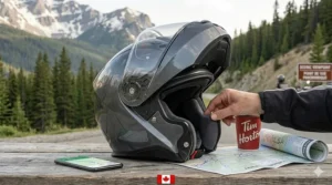 Illustration of a modular helmet in the open position, ideal for quick stops at a Tim Hortons or checking a map.