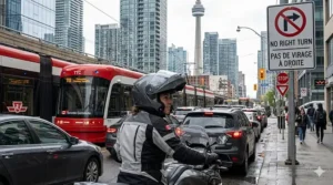 A rider wearing a modular helmet stopped in urban traffic, highlighting the versatility of the flip-up chin bar.