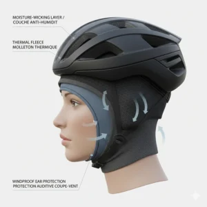 Technical illustration of a thermal winter helmet liner with moisture-wicking fabric arrows to keep Canadian riders dry in slushy conditions.