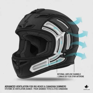 Alt text for image 5: Technical drawing of a motorcycle helmet for big heads featuring breathable liners and airflow vents for humid Canadian summers.