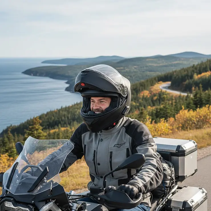 Alt text for image 1: A rider wearing a comfortable motorcycle helmet for a big head while touring the scenic Cabot Trail in Nova Scotia.