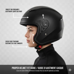Illustration showing how to check for a snug fit on the forehead and cheeks to ensure the safest motorcycle helmet performance in Canada.