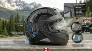 Graphic showing dual-pane shields and breath guards used in Canadian spring and fall riding to prevent fogging.