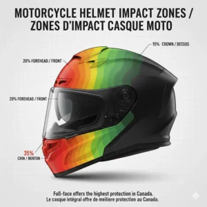 Diagram showing the most frequent impact zones on a helmet during a crash, emphasizing why full-face coverage is the safest motorcycle helmet choice in Canada.