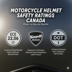 Illustration comparing ECE 22.06, Snell M2025, and DOT safety certifications for the safest motorcycle helmet in Canada.