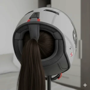 Illustration of a woman's motorcycle helmet interior designed to accommodate long hair and ponytails.