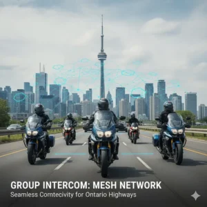 Graphic showing how a helmet intercom for 2 riders connects seamlessly via Mesh technology on Ontario highways.