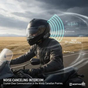 Illustration showing noise cancellation features of a helmet intercom for 2 riders, ideal for windy Canadian prairies.