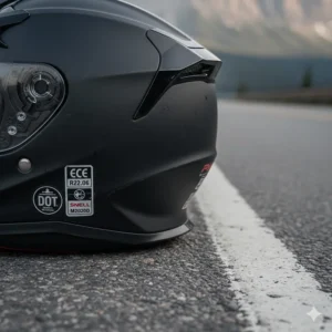 Close-up of safety certification stickers on a women's motorcycle helmet sold in Canada.