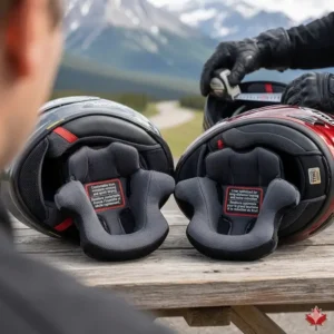Removable, moisture-wicking interior liners of Shoei and Arai helmets, designed for comfort during Canadian summer tours.