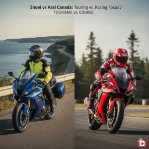Shoei vs Arai Canada: Comparing touring modular helmets and racing full-face styles on a Nova Scotia coastal road.