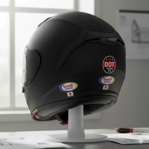Illustration showing the DOT and Snell safety certification stickers on a Shoei helmet sold in Canada.
