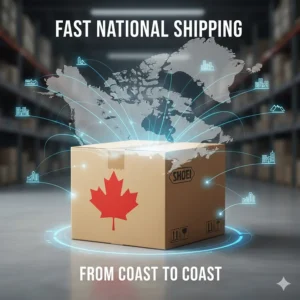 Graphic of a Shoei helmet box with a maple leaf icon, representing fast shipping across Canada from coast to coast.