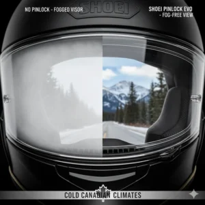 Illustration of the Shoei Pinlock Evo lens system preventing shield fogging in cold Canadian climates.