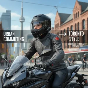 Illustration of a Shoei Neotec 3 modular helmet, perfect for urban commuting in downtown Toronto or Vancouver.
