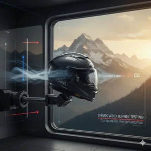 Technical illustration of Shoei's wind tunnel testing to reduce drag for long-distance Canadian highway riding.