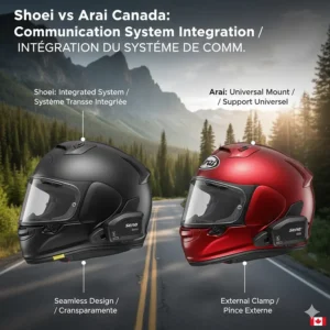 Bluetooth communication system integration comparison for Shoei vs Arai Canada motorcycle helmet models.
