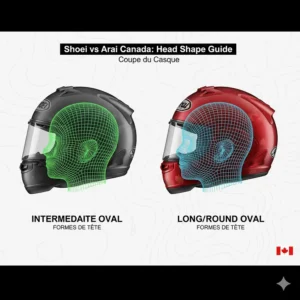 Helmet fitment guide for Shoei vs Arai Canada, comparing intermediate oval and long oval head shapes for a secure ride.