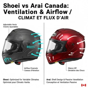 Illustration of adjustable ventilation systems in Shoei and Arai helmets to manage Canadian weather and temperature shifts.