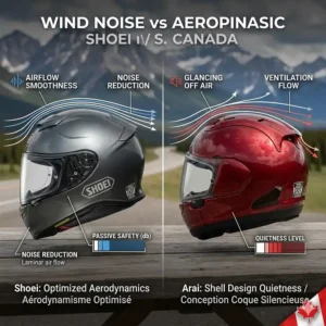 Aerodynamic and wind noise comparison between Shoei and Arai helmets for long-distance highway riding across Canada.