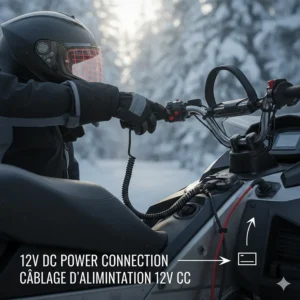 Illustration of the 12V DC power cord connection from a heated visor to a snowmobile battery.