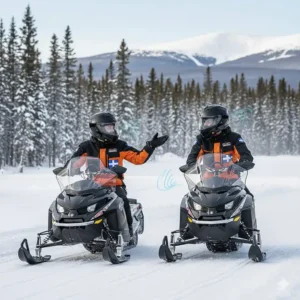 Illustration of two snowmobilers in Quebec using a helmet intercom for 2 riders to communicate in cold weather.