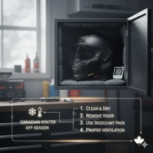 Infographic showing how to properly store a Shoei motorcycle helmet during the Canadian winter off-season.