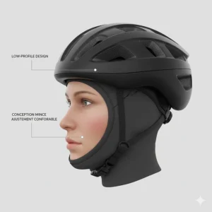 Cross-section illustration showing how a low-profile winter helmet liner fits comfortably beneath a standard safety helmet without bulk.