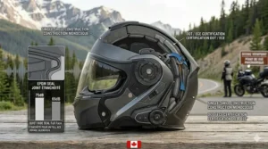 A modular helmet equipped with a communication system, perfect for long-distance touring through the Canadian Rockies.