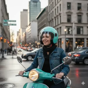 A woman riding a scooter in downtown Montreal wearing a stylish open-face motorcycle helmet for women.
