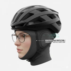 Detailed graphic of a winter helmet liner featuring windproof ear flaps, essential for protection against harsh Canadian wind chill.