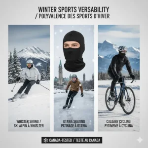 Illustration of a winter helmet liner being used for multiple activities: skiing in Whistler, skating in Ottawa, and cycling in Calgary.