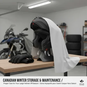Alt text for image 9: Illustration of a motorcycle helmet for a big head being stored properly for the Canadian winter off-season.