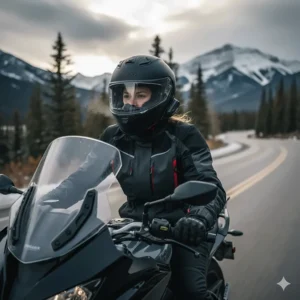 A female motorcyclist in Canada wearing a modular helmet with a fog-resistant pinlock shield for cold weather.