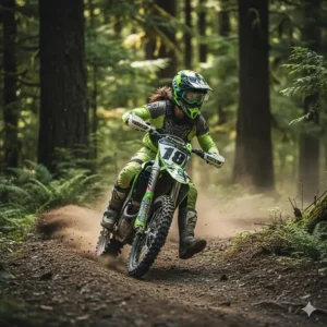 A female rider wearing a vibrant dirt bike helmet on a wooded trail in British Columbia.