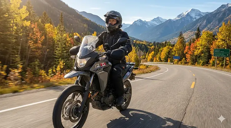 A motorcyclist wearing 12v heated motorcycle gloves while riding through the Canadian Rockies in autumn.