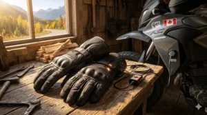 Commuter using 12v heated motorcycle gloves for warmth during a cold morning ride in a Canadian city.