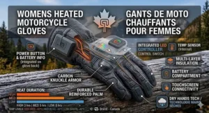 Close-up illustration of the LED heat controller on womens heated motorcycle gloves showing three temperature levels for cold Canadian spring mornings.