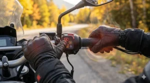 Adjusting heat settings on 12v heated motorcycle gloves to combat freezing Canadian wind chill.