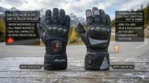 Comparison chart and side-by-side view showing features of the $200 heated motorcycle gloves vs. a standard $400 premium option, highlighting value for Canadian riders.