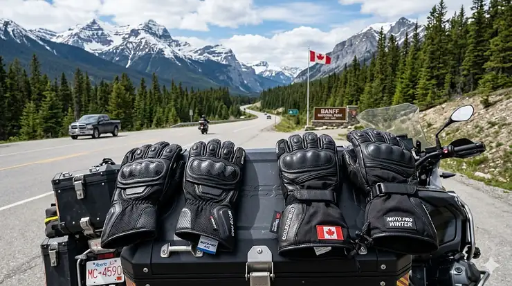 A side-by-side comparison of lightweight all-season and insulated winter motorcycle gloves on a bike parked near a Canadian highway. all season vs winter motorcycle gloves